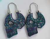 Skull earrings,PURPLE BLUE Skull Earrings,Handmade Gifts for Her Colorful Sugar Skulls,Skeleton Hoops,Lever Back Hoop Earrings