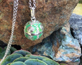 Green Harmony Ball Necklace,Long Necklace, Long Sphere Necklace,Bali Silver Design,Musical Jewelry,Angel Caller Necklace,A Spiritual gift