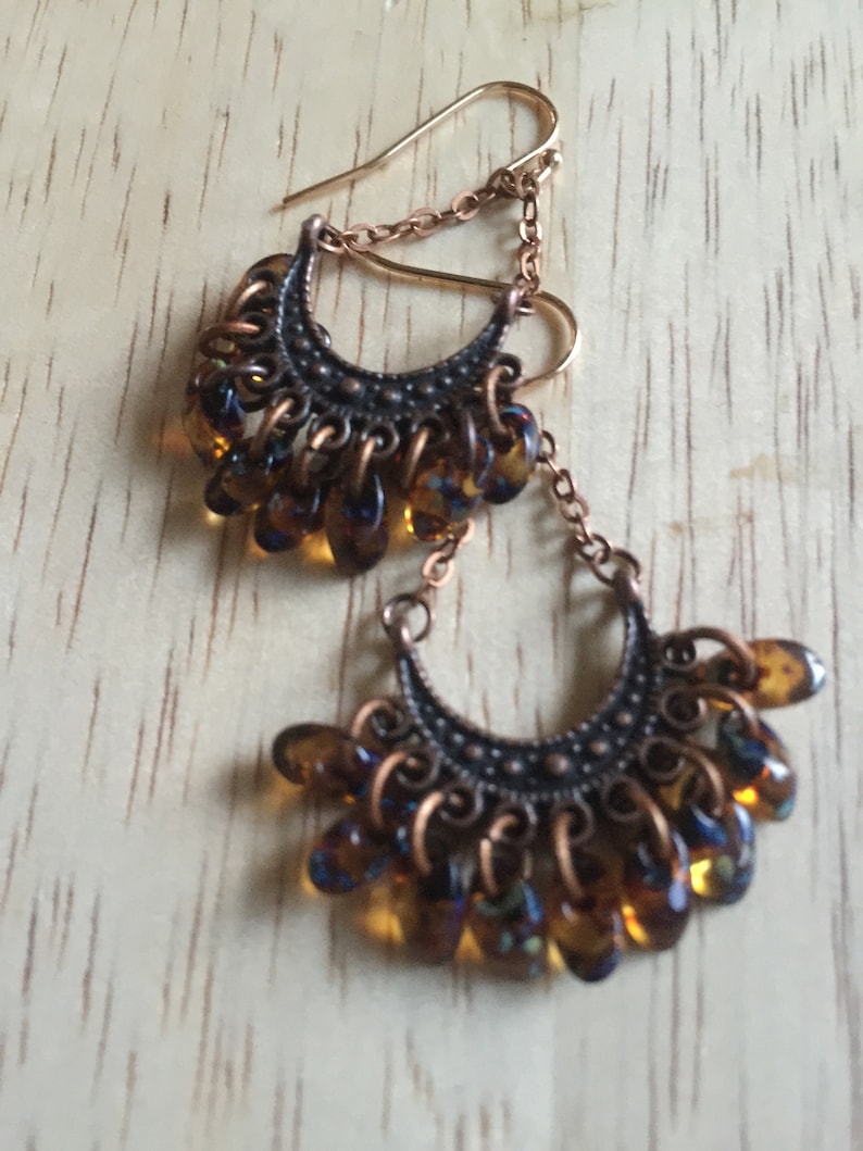 Fringe EarringsBrownCopperBoho ChicHandmade UniqueGlass FringeFestival Outfit-Gypsy-Cowgirls-Artistic Glass-Gift Earrings-Ships Today