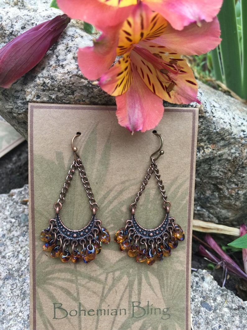 Fringe EarringsBrownCopperBoho ChicHandmade UniqueGlass FringeFestival Outfit-Gypsy-Cowgirls-Artistic Glass-Gift Earrings-Ships Today