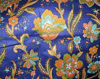 Navy Blue Floral Fabric, Decorative Fabrics, Coral/Turquoise/OrangeGreenFabric, Screen Print Chetley Original Fabric 36 Length'' 50'' Width