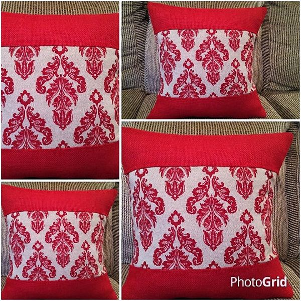 Red Burlap Pillow Cover, Red Pillow Cover/Case, Damask Pillow Cover, Decorative Pillow, Pillow Cushion Case, Sofa/Bed/Chair