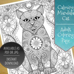 Calming Mandala Cat - Adult Coloring Page - Instant Download