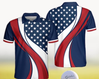 American Flag Polo Shirt, Patriotic Golf Shirt for Men, USA Stars and Stripes Polo, Red White Blue Golfing Tee, 4th of July Gift for Him