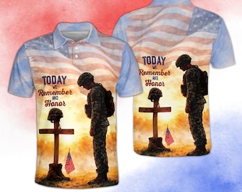 Polo de Honor Militar, Homenaje al Casco Cruzado del Soldado, Ropa del Día de los Veteranos con la Bandera de EE. UU., Regalo Patriótico para Papá, Abuelo e Hijos, Polo Tee AOP