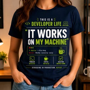 Camiseta divertida para desarrolladores PNG, funciona en mi máquina, diseño de camiseta con humor sobre programación, regalo para programadores, gráfico de camiseta de TI, chiste de depuración, camiseta para nerds de la tecnología