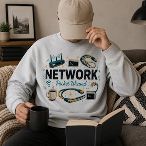 May include: A light gray sweatshirt with a graphic that reads "NETWORK Packet Wizard." The design includes a router, cables, a coffee cup, and other tech-related icons. The person is wearing a beige cap and holding a black mug and a book.