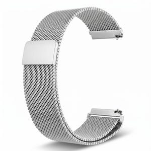May include: A silver stainless steel watch band with a mesh design. The band features a magnetic clasp and a secure locking mechanism. The watch band is shown against a white background.