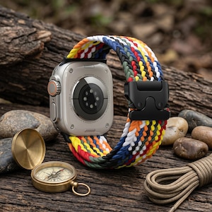 May include: A smartwatch with a silver metallic casing and a multi-colored braided nylon strap featuring a black tactical buckle. The watch back displays circular sensor arrays and text. A brass compass and a coiled cord are positioned nearby.