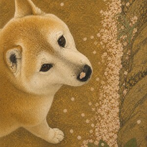 May include: A detailed painting of a Shiba Inu dog with light brown fur, looking towards the right. The background is a textured, golden-brown color with small white flower-like details. A rocky area with pink flowers is on the right.