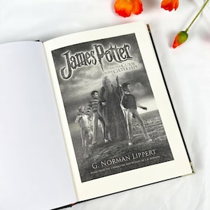 May include: An open hardcover book titled James Potter and the Curse of the Gatekeeper by G. Norman Lippert. The page features a black and white illustration of four figures standing near a body of water under a cloudy sky.