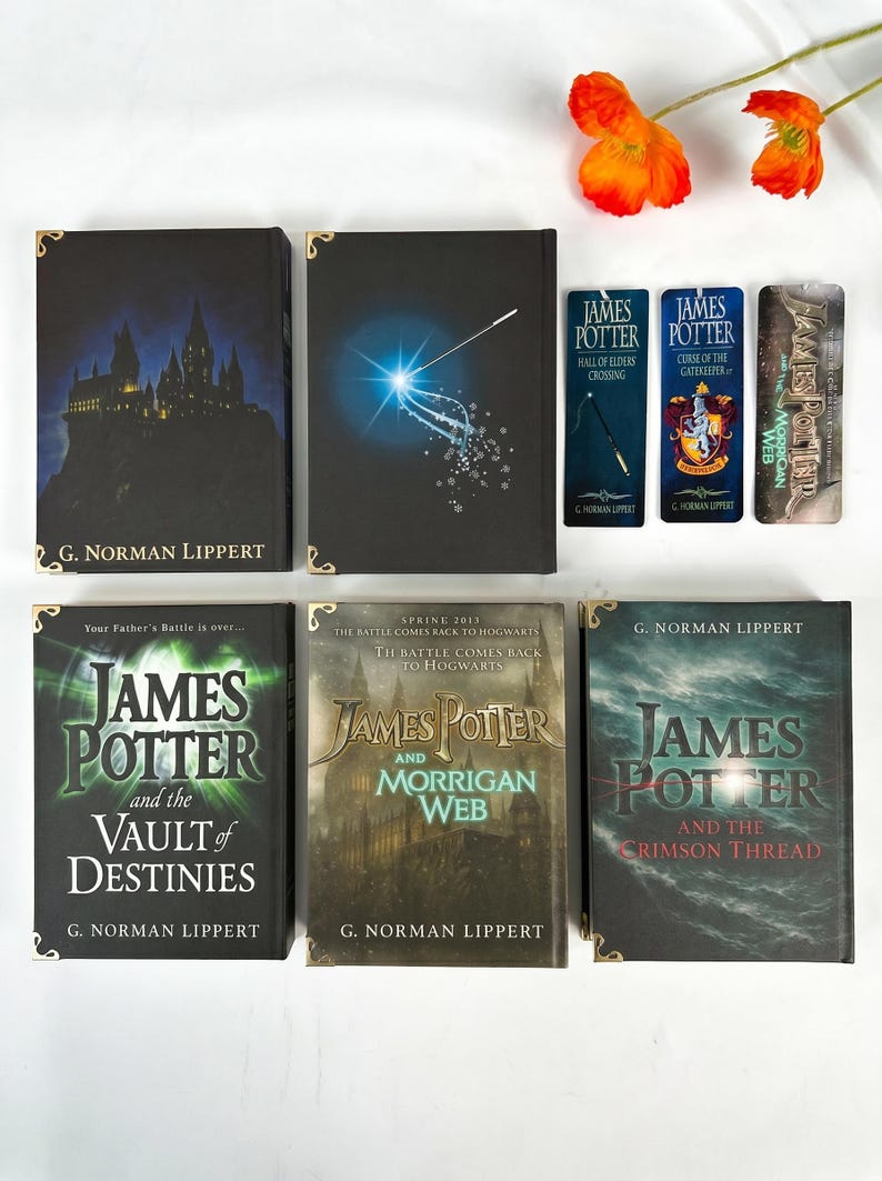 May include: A collection of five black hardcover books by G. Norman Lippert titled James Potter and the Vault of Destinies, Morrigan Web, and The Crimson Thread, accompanied by three vertical bookmarks featuring character and title illustrations.