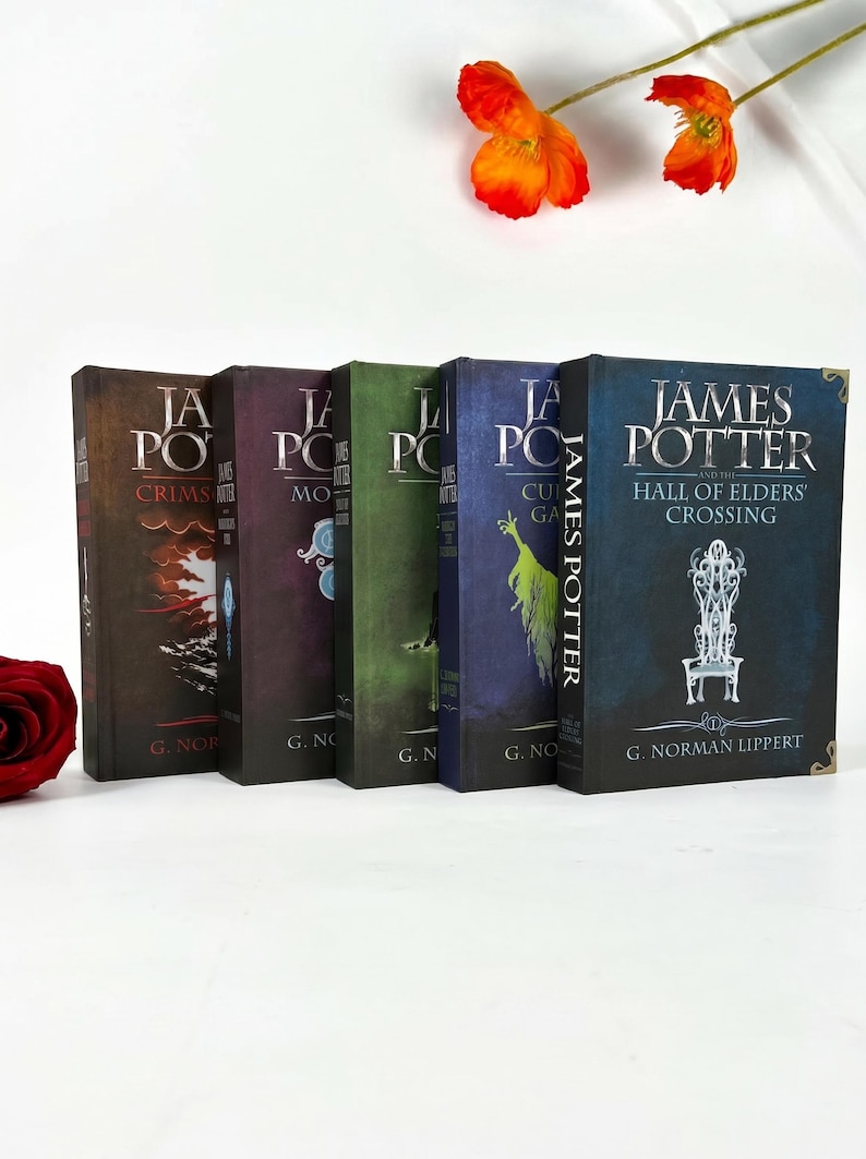 May include: A set of five James Potter books by G. Norman Lippert arranged in a row. The covers feature distinct colors including brown, purple, green, dark blue, and black with white text and illustrations of a throne and other graphic elements.