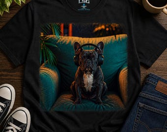 Gamershirt Franse bulldog, T-shirt hond met koptelefoon/unisex jersey T-shirt met korte mouw