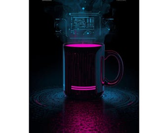 Neon Cyber Coffee Matte Poster | Vertical Wall Art, Vaporwave Mug Print