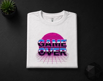 Game Over-T-shirt | Retro gamer-T-shirt uit de jaren 80 | Arcade-gamingshirt | Cadeau Synthwave-videogame