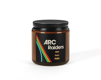 Op ARC Raiders geïnspireerde kaars | Amberpot sojakaars met retro neonstreeplabel