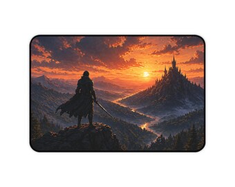Gesilhouetteerde ridder bij zonsondergang Bureaumat | Fantasiekasteellandschap, RPG-muismat