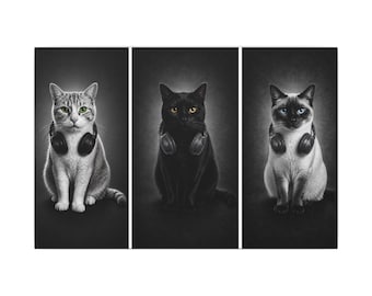 Cat DJ Canvas Wall Art, Black and White Gamer Cat Print, Headphones Cat Canvas, Cozy Office Decor, PC Gaming Room Wall Art
