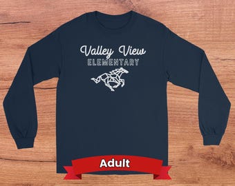 Adult Long Sleeve Tee - Valley View Mustangs, Navy Blue