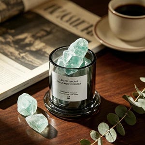 Puede incluir: Un frasco de vidrio oscuro lleno de piedras de cristal verde claro translúcidas, con una etiqueta blanca que dice CRYSTAL AROMA FRAGRANCE DIFFUSER y FRAGRANCE UNIQUELY CRAFTED FOR YOUR HOME. Dos piedras de cristal adicionales se encuentran cerca.
