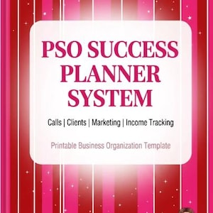 Könnte beinhalten: Eine druckbare Geschäftsorganisationsvorlage mit dem Titel PSO SUCCESS PLANNER SYSTEM und dem Text Calls, Clients, Marketing, Income Tracking. Der Hintergrund zeigt vertikale Streifen in Rot- und Rosatönen mit kleinen weißen Sternen.