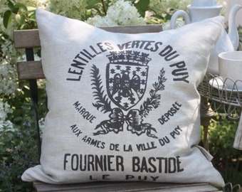 Vintage French Linen Grain Sack Pillow.  Fournier Bastide, Lentilles Vertes
