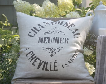 Vintage French Linen Grain Sack Pillow.  Meunier Chantoiseau