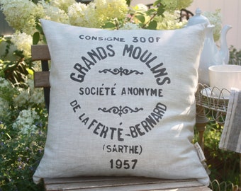 Grain Sack Pillow, Vintage  French Industrial Linen Grands Moulins Anonyme