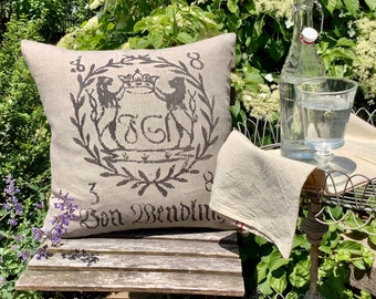 Grain Sack Pillow French Country Crown and Lion Crest Grain Sack Pillow