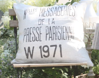 Grain Sack Pillow, Vintage  French Industrial Linen Presse Parisienne Grain Sack Pillow