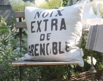 Grain Sack Pillow, Vintage  French Industrial Noix de Grenoble Grain Sack Pillow