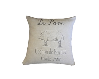 Grain Sack pillow, Le Porc.  Industrial loft, farmhouse decor, flour sack,  cottage style, country style, rustic decor