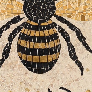 May include: A mosaic artwork depicting a bee. The bee's body is black and gold, with striped segments. The wings are black, and the background is a mosaic of beige and gold tiles. The image is a close-up view of the bee.