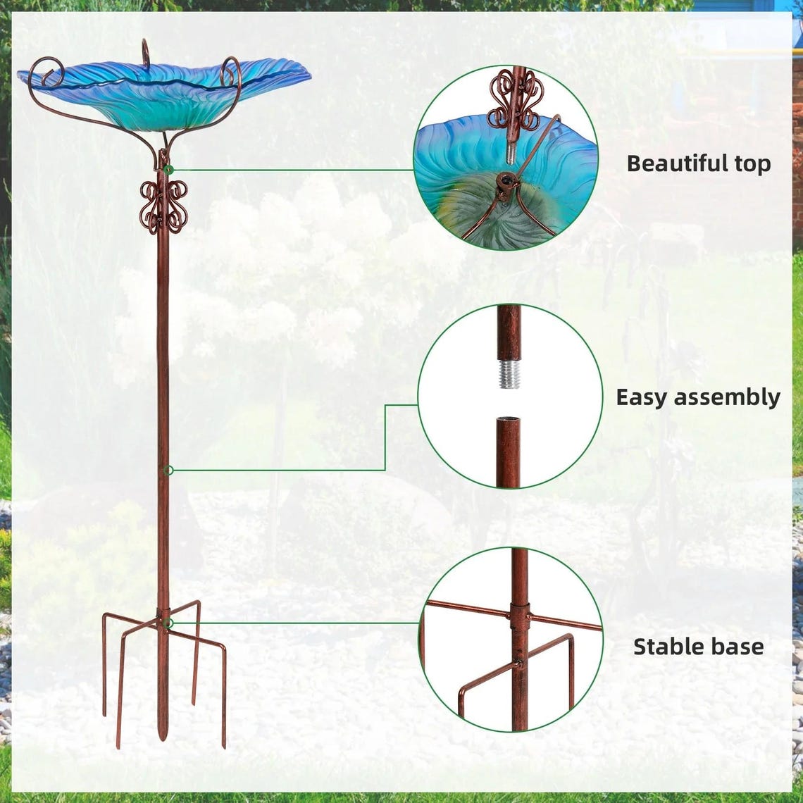 Sunflower Glass Bird Bath With Metal Stand, Outdoor Garden Water Bowl ...