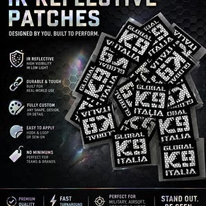 May include: A collection of custom IR reflective patches, featuring the text "GLOBAL ITALIA" in white on a black background. The patches are designed for high visibility and durability. The image also includes the text "Bring your design to life" and "Order your custom patches today!"