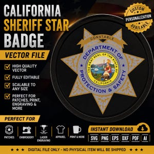 以下が含まれることがあります： カリフォルニア州保安官スターバッジのデジタルファイル。デザインは、「CALIFORNIA SHERIFF STAR BADGE」と「DEPARTMENT OF PROTECTION & SAFETY」のテキストが入った星型のバッジが特徴です。ファイルは、SVG、PNG、PDFなど、さまざまな形式で即座にダウンロードできます。