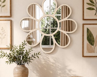 ボヘミアン風フローラルウォールミラー、デイジーの花びら装飾、ヴィンテージスタイルの寝室・リビングルームのアクセント