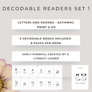 May include: Decodable Readers Set 1. The image displays a set of early phonics books. The text reads "Letters and Sounds - SATIPNMC" and "Print & Go." The set includes 6 books, each with 8 pages. One book cover is visible, showing illustrations of two animals.