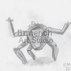 May include: A pencil sketch of a mechanical insect-like figure with articulated limbs and a segmented body. The drawing is in grayscale, with shading to give depth. The artist's name and the year 2026 are in the lower right corner.