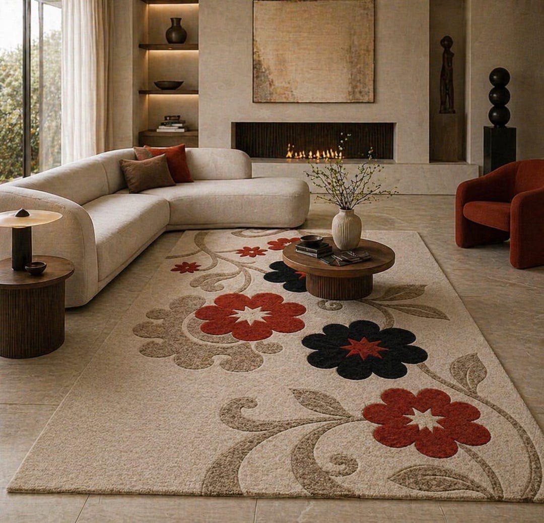 Floral Hand Tufted Rug, Beige Red Black Flower Carpet, Modern Botanical ...