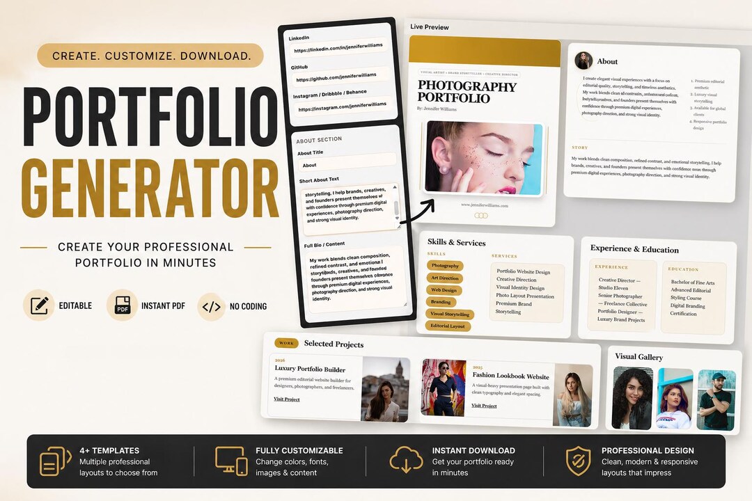 Editable Portfolio Template Website - Export to PDF | Modern Creative ...