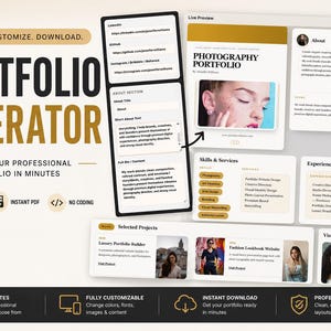 May include: A digital marketing graphic promoting a portfolio generator. The design features a mock-up of a website, with text that reads "Create, Customize, Download." Additional text includes "Create your professional portfolio in minutes."