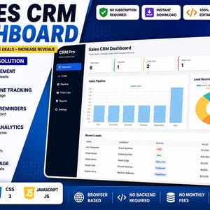 Peut inclure: Une interface numérique de tableau de bord CRM de vente affichée sur un écran, comprenant des graphiques de visualisation de données, des tableaux de gestion des prospects et des mesures de suivi du pipeline. La mise en page inclut un menu de navigation latéral, des cartes récapitulatives pour le total des prospects et un graphique en secteurs coloré pour les sources de prospects, le tout présenté dans un design logiciel propre et professionnel.
