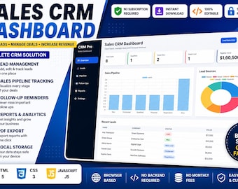 Sales CRM Dashboard | Lead Tracker & Pipeline Management Tool | Client Relationship Manager | Sales Tracking Template | Business CRM System