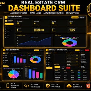 Könnte beinhalten: Eine digitale Dashboard-Oberfläche mit dem Titel Real Estate CRM Dashboard Suite im Dark Mode mit goldenen Akzenten. Sie zeigt Datenvisualisierungen wie Liniendiagramme, Kreisdiagramme und Balkendiagramme für Immobilienkennzahlen und Agentenleistung.