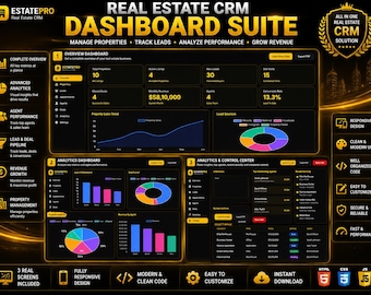Real Estate CRM Dashboard Template | Property Listings, Lead Pipeline, Agent Management, Analytics Dashboard