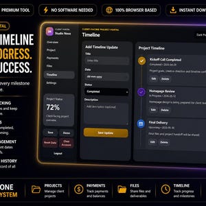 May include: Dark-themed project management software interface. The screen displays a timeline, project status, and options to add updates. Text includes "Project Timeline, Track Progress, Deliver Success." Features include milestone tracking and deadline management.