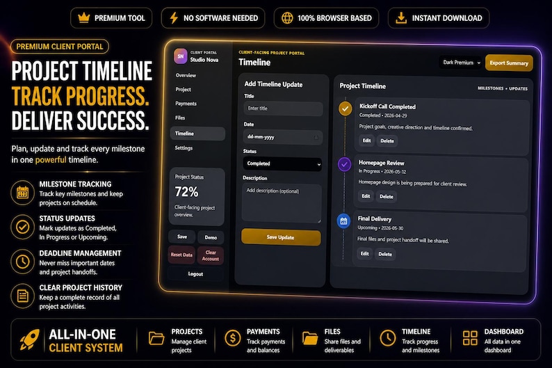 May include: Dark-themed project management software interface. The screen displays a timeline, project status, and options to add updates. Text includes "Project Timeline, Track Progress, Deliver Success." Features include milestone tracking and deadline management.