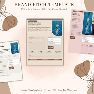 May include: A brand pitch template with a beige and brown color scheme. The template includes the text "BRAND PITCH TEMPLATE" and "Create Professional Brand Pitches In Minutes". The template features the name "Isabel Mercado" and the text "A premium creator campaign built for authenticity and conversion."